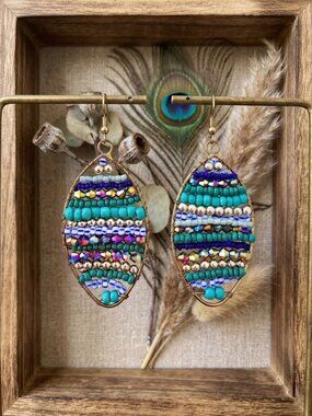 Boho Chic Artisan Beaded Squash Tail Coastal Statement Earrings Glass Brass